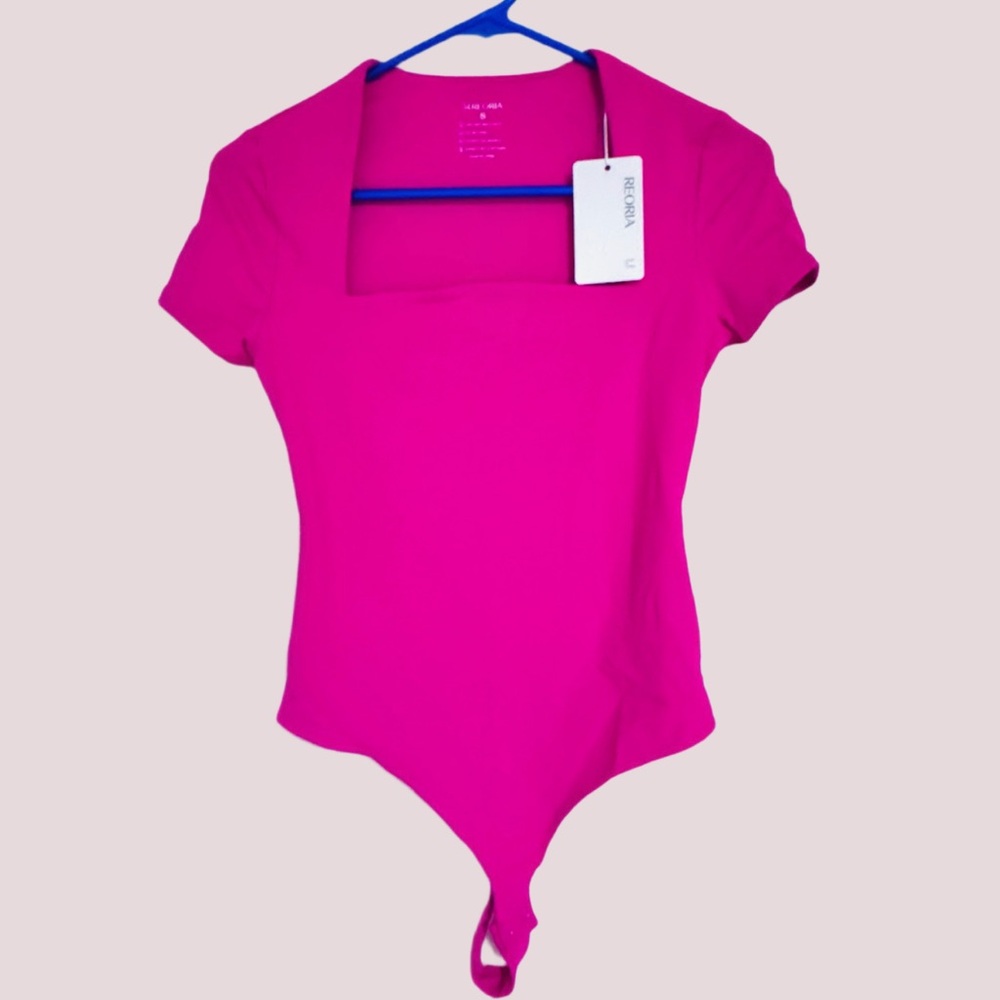 NWT REORIA Hot Pink Square Neck Cap Sleeve‎ Bodysuit - Small - Picture 2 of 4